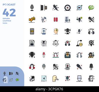 Revolutionärer Satz perfekter Vektorsymbole mit 42 PIXELN, inspiriert von Podcast, im Duotone-Format mit 128x128-Auflösung für modernes Design. Stock Vektor