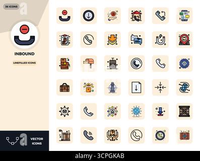 Professionell gestaltete 36 Vektorsymbole in LineFilled, die das Wesen von Inbound mit 128 x 128 PIXELN perfekt für das UI-Design erfassen. Stock Vektor