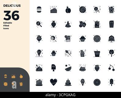 Professionell gestaltete 36 Vektorsymbole in Glyphe gefüllt, die das Wesen von Delicious mit 128x128 PIXEL perfekter Präzision für UI-Design festhalten. Stock Vektor