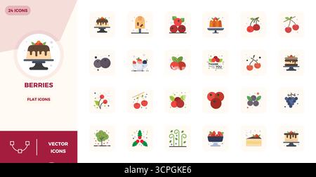 Sorgfältig kuratierte 24 flache Vektorsymbole für Beeren mit einer perfekten Auflösung von 128x128 PIXELN für konsistente Markendarstellung und Benutzererfahrung Stock Vektor