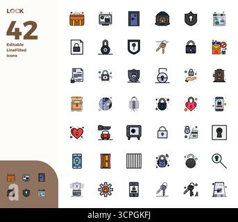 Umfassendes Toolkit mit 42 Vektorsymbolen rund um Lock, entwickelt in Duotone mit 128x128 PIXEL perfekter Präzision für vielseitiges Design applicatio Stock Vektor