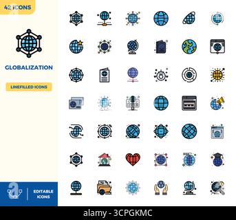 Ausgeklügeltes Paket mit 42 flachen linearen Farbvektorsymbolen für Globalisierung, entwickelt mit 128x128 PIXELN perfekte Klarheit für professionelle applicatio Stock Vektor