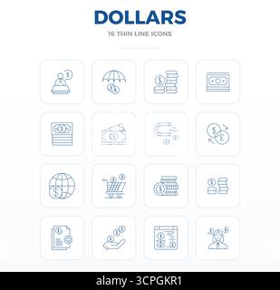 Essential Pack mit 16 PIXEL Perfect Vektor-Symbolen für Dollar im Thin Outline-Format, Größe 128x128 für optimale Leistung und Skalierbarkeit. Stock Vektor