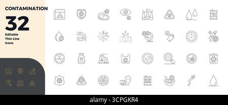 Wunderschön gerenderte 32 Thin Line PIXEL perfekte Vektorsymbole für Kontamination, erstellt mit einer Auflösung von 128x128 für beeindruckende visuelle Konsistenz über p Stock Vektor