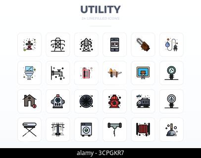Vektorpaket mit 24 LineFill PIXEL Perfect Icons inspiriert von Utility, geliefert in einer Auflösung von 128x128, ideal für skalierbare und kreative Designarbeiten. Stock Vektor
