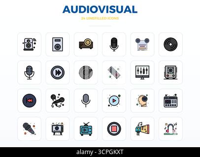 Eine übersichtliche Sammlung von 24 LineFill-Vektorsymbolen, die Audiovisuelles darstellen, im perfekten Format 128x128 PIXEL für moderne Dashboards und Schnittstellen Stock Vektor