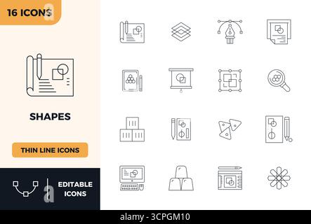 Entsperren Sie 16 PIXEL Perfect Vektorsymbole mit minimaler Linie, die von Shapes inspiriert wurden und im Format 128x128 für eine fehlerfreie Anzeige auf allen Geräten optimiert wurden. Stock Vektor