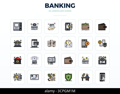 Ultimative Sammlung von 24 Vektorsymbolen, die Banking in LineFill-Ästhetik darstellen, optimiert mit einer perfekten Auflösung von 128x128 PIXELN für maximale Wirkung. Stock Vektor