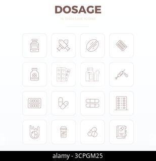 Zukunftsweisendes Paket mit 16 Vektorsymbolen rund um Dosierung, das Thin Outline-Design mit 128x128 PIXELN für innovative Benutzer-Interfaces präsentiert Stock Vektor