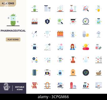 Professionell gestaltete 42-Vektorsymbole in Flat Color, die das Wesen der Pharmazie mit 128x128 PIXELN perfekt präzise für UI-Design erfassen. Stock Vektor