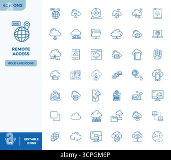 Essential Pack mit 42 PIXEL Perfect Vektorsymbolen für Remote-Zugriff im Heavy Line-Format, Größe 128x128 für optimale Leistung und Skalierbarkeit. Stock Vektor