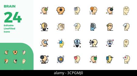 Umfassendes Paket mit 24 Vektorsymbolen im Duotone-Design für Brain in gestochen scharfer Qualität mit 128x128 PIXELN. Stock Vektor