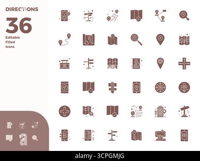 Essential Pack mit 36 PIXEL Perfect Vektorsymbolen für Directions im Glyph-gefüllten Format, Größe 128x128 für optimale Leistung und Skalierbarkeit. Stock Vektor