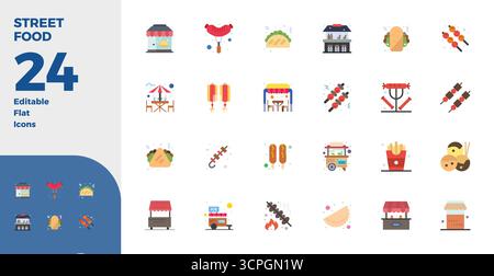 Hochwertige Sammlung von 24 flachen Vektorsymbolen für Street Food, akribisch gefertigt in einer perfekten Auflösung von 128x128 PIXELN für überragende visuelle Wirkung. Stock Vektor