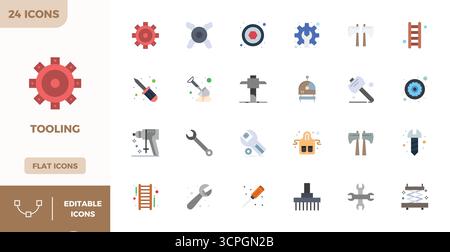 Professionell gestaltete 24 Flat Color PIXEL Perfect Vector Icons for Tooling, entwickelt mit einer Auflösung von 128x128 für fehlerfreie Integration und Leistung. Stock Vektor