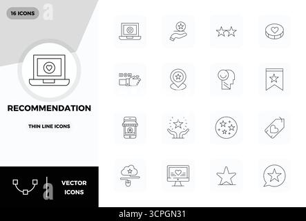 Sammlung von 16 Thin Line PIXEL Perfect Vektorsymbolen für Empfehlungen im Format 128x128 für Klarheit und Vielseitigkeit. Stock Vektor