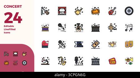Zukunftsweisendes Paket mit 24 Vektorsymbolen rund um Concert, das Duotone Design mit 128x128 PIXELN für eine innovative Benutzeroberfläche präsentiert Stock Vektor