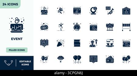 Unverzichtbares Paket mit 24 PIXEL Perfect Vektor-Symbolen für Event im gefüllten Format, Größe 128x128 für optimale Leistung und Skalierbarkeit. Stock Vektor