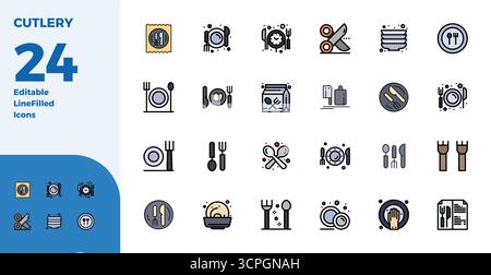 Professionelle Sammlung von 24 Duotone-Vektorsymbolen, die Besteck darstellen, gefertigt mit 128x128 PIXELN, perfekter Präzision für Unternehmensanwendungen Stock Vektor