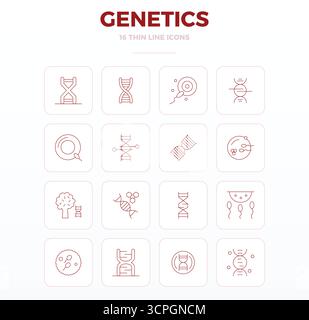 Präzisionsgefertigte 16 dünne Konturvektorsymbole für Genetik, entwickelt mit einer perfekten Auflösung von 128x128 PIXELN für außergewöhnliche Klarheit und Skalierbarkeit. Stock Vektor