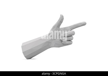 3D-Rendering einer geometrischen Hand mit niedrigem Polygrau, die eine nach rechts zeigende Geste bildet, isoliert auf weißem Hintergrund, die Richtung, Auswahl, n symbolisiert Stockfoto