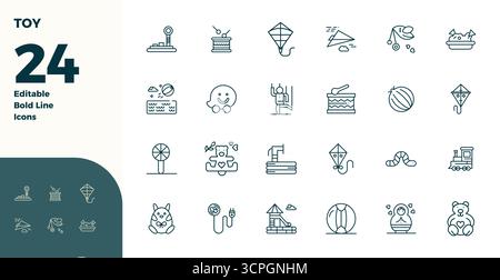 Essential Pack mit 24 PIXEL Perfect Vektor-Symbolen für Spielzeug im Format Bold Line, Größe 128x128 für optimale Leistung und Skalierbarkeit. Stock Vektor