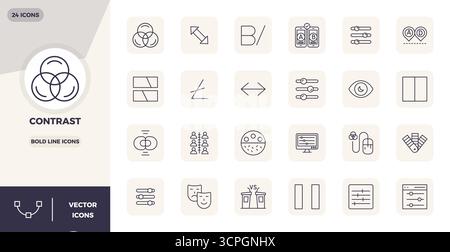 Innovatives Paket mit 24 Vektorsymbolen rund um den Kontrast, das Bold Line Design im perfekten Format mit 128x128 PIXELN für moderne digitale Lösungen präsentiert. Stock Vektor