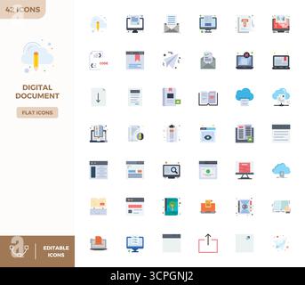 Professionell gestaltete 42-Vektorsymbole in Flat Color, die das Wesen digitaler Dokumente mit 128x128 PIXELN perfekt präzise für das UI-Design erfassen. Stock Vektor
