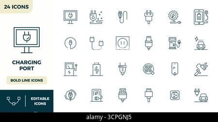 Ein vielseitiger Satz von 24 Heavy Line PIXEL Perfect Vektorsymbolen mit Fokus auf den Ladeanschluss, geliefert im gestochen scharfen Format 128x128, ideal für mobile Anwendungen und Web-Anwendungen Stock Vektor