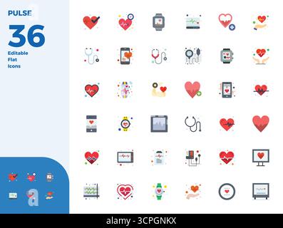 Sorgfältig gefertigte 36 flache Vektorsymbole für Pulse, in perfekter Qualität mit 128x128 PIXELN für kompromisslose Designstandards. Stock Vektor