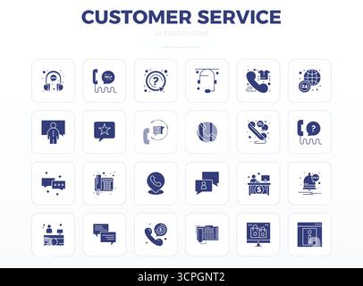 Exklusive Sammlung von 24 SolidFill Vektorsymbolen für den Kundenservice, entwickelt mit einer perfekten Auflösung von 128x128 PIXELN für erstklassige Markenerlebnisse. Stock Vektor