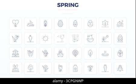 Handgefertigte Kollektion mit 32 Thin Outline-Vektorsymbolen für den Frühling, optimiert in einer perfekten Auflösung von 128x128 PIXELN für ein erstklassiges digitales Erlebnis Stock Vektor