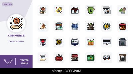 Umfassendes Paket mit 24 Vektorsymbolen im LineFilled Design für den Handel, in gestochen scharfer Qualität mit 128 x 128 PIXELN. Stock Vektor