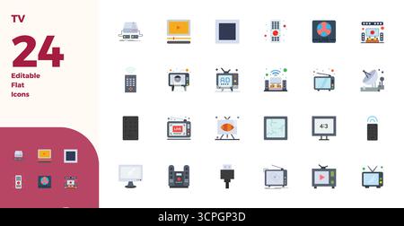 Sorgfältig zusammengestellte 24 Flat-Vektor-Symbole für Fernseher mit einer perfekten Auflösung von 128x128 PIXELN für konsistente Markendarstellung und Benutzererfahrung. Stock Vektor