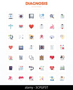Laden Sie 42 skalierbare Minimal Flat-Vektorsymbole herunter, die für die Diagnose entwickelt wurden und eine PIXEL-perfekte Auflösung von 128x128 bieten, die für professionelle und kreative Zwecke geeignet ist Stock Vektor
