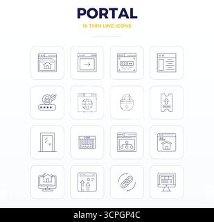 Verwandeln Sie Ihre Designs mit 16 dünnen Konturvektorsymbolen rund um Portal, die in einer perfekten Auflösung von 128x128 PIXELN für maximale Klarheit entwickelt wurden. Stock Vektor