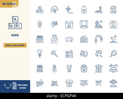 Entdecken Sie 36 Heavy Line PIXEL Perfect Vektorsymbole in 128 x 128 Auflösung, inspiriert von Kids. Perfekt für Web- und App-Schnittstellen. Stock Vektor
