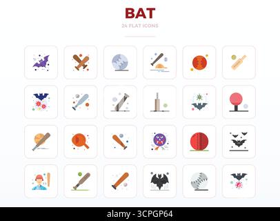 Innovatives Paket mit 24 Vektorsymbolen rund um bat mit minimalem Flat-Design im perfekten Format mit 128x128 PIXELN für moderne digitale Lösungen. Stock Vektor