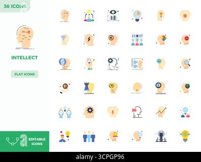 Innovatives Paket mit 36 Vektorsymbolen zum Thema Intellekt, das Flat Color Design im perfekten Format mit 128x128 PIXELN für moderne digitale Lösungen präsentiert. Stock Vektor