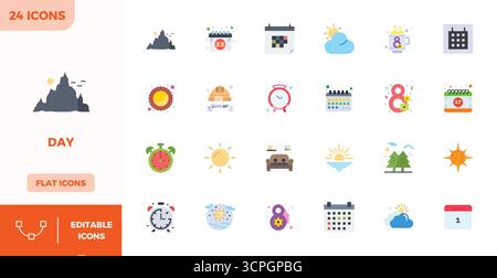 Eine übersichtliche Sammlung von 24 flachen Vektorsymbolen, die Day repräsentieren, im perfekten Format mit 128x128 PIXELN für moderne Dashboards und Schnittstellen. Stock Vektor