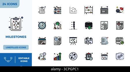 Außergewöhnliche Sammlung von 24 flachen linearen Farbvektorsymbolen für Meilensteine, mit einer perfekten Auflösung von 128x128 PIXELN für unvergleichliche visuelle Ergebnisse Stock Vektor