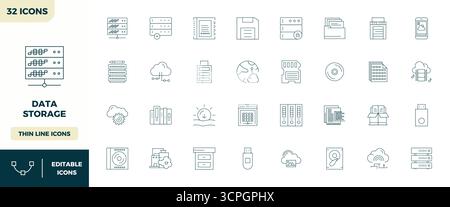 Diese Kollektion enthält 32 PIXEL Perfect Vektorsymbole mit minimaler Linie, die speziell auf das Thema Datenspeicher abgestimmt sind und im Format 128x128 für digitales Design optimiert sind Stock Vektor