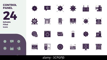 Perfekt ausgewogene 24-Glyph-gefüllte PIXEL perfekte Vektorsymbole für Control Panel, Größe 128x128 für harmonische Integration in digitale Designprojekte Stock Vektor