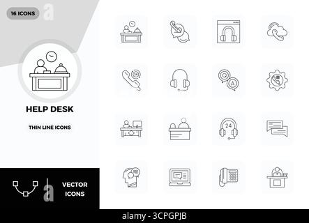 Sammlung von 16 Thin Line PIXEL Perfect Vektorsymbolen für Helpdesk im Format 128x128 für Klarheit und Vielseitigkeit. Stock Vektor