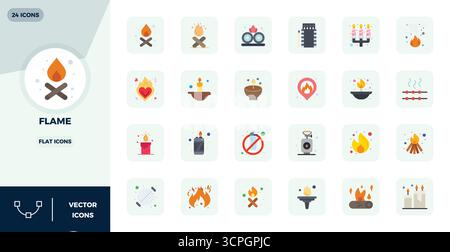 Hochwertige Sammlung von 24 flachen Vektorsymbolen für Flamme, akribisch in einer perfekten Auflösung von 128x128 PIXELN für überragende visuelle Wirkung gefertigt. Stock Vektor