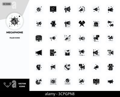 Fortschrittliche Sammlung von 36 PIXEL Perfect Vektor-Symbolen, inspiriert von Megaphone, mit 128x128-Optimierung für überragende visuelle Leistung Stock Vektor