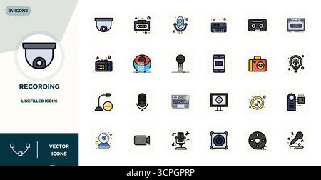 Raffiniertes Paket mit 24 LineFilled Vektorsymbolen für die Aufzeichnung, optimiert mit 128x128 PIXELN perfekte Qualität für elegantes und funktionales Design Stock Vektor