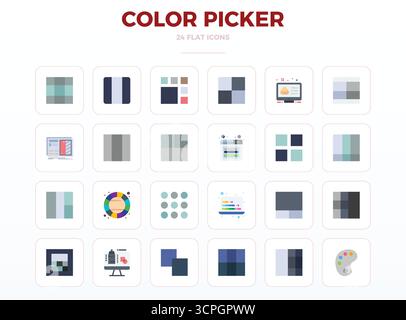 Verwandeln Sie Ihre Designs mit 24 minimalen flachen Vektorsymbolen rund um den Color Picker, die in einer perfekten Auflösung von 128x128 PIXELN für maximale Klarheit entwickelt wurden Stock Vektor
