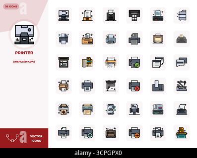 Essential Pack mit 36 PIXEL Perfect Vektorsymbolen für Drucker im LineFilled-Format, Größe 128x128 für optimale Leistung und Skalierbarkeit. Stock Vektor