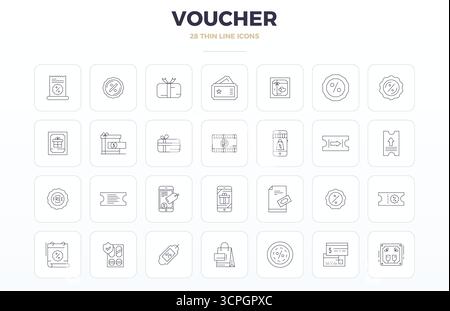Ein vielseitiger Satz von 28 Thin Outline PIXEL Perfect Vektorsymbolen mit Fokus auf Voucher, geliefert im gestochen scharfen Format 128x128, ideal für mobile und Web-Anwendungen Stock Vektor